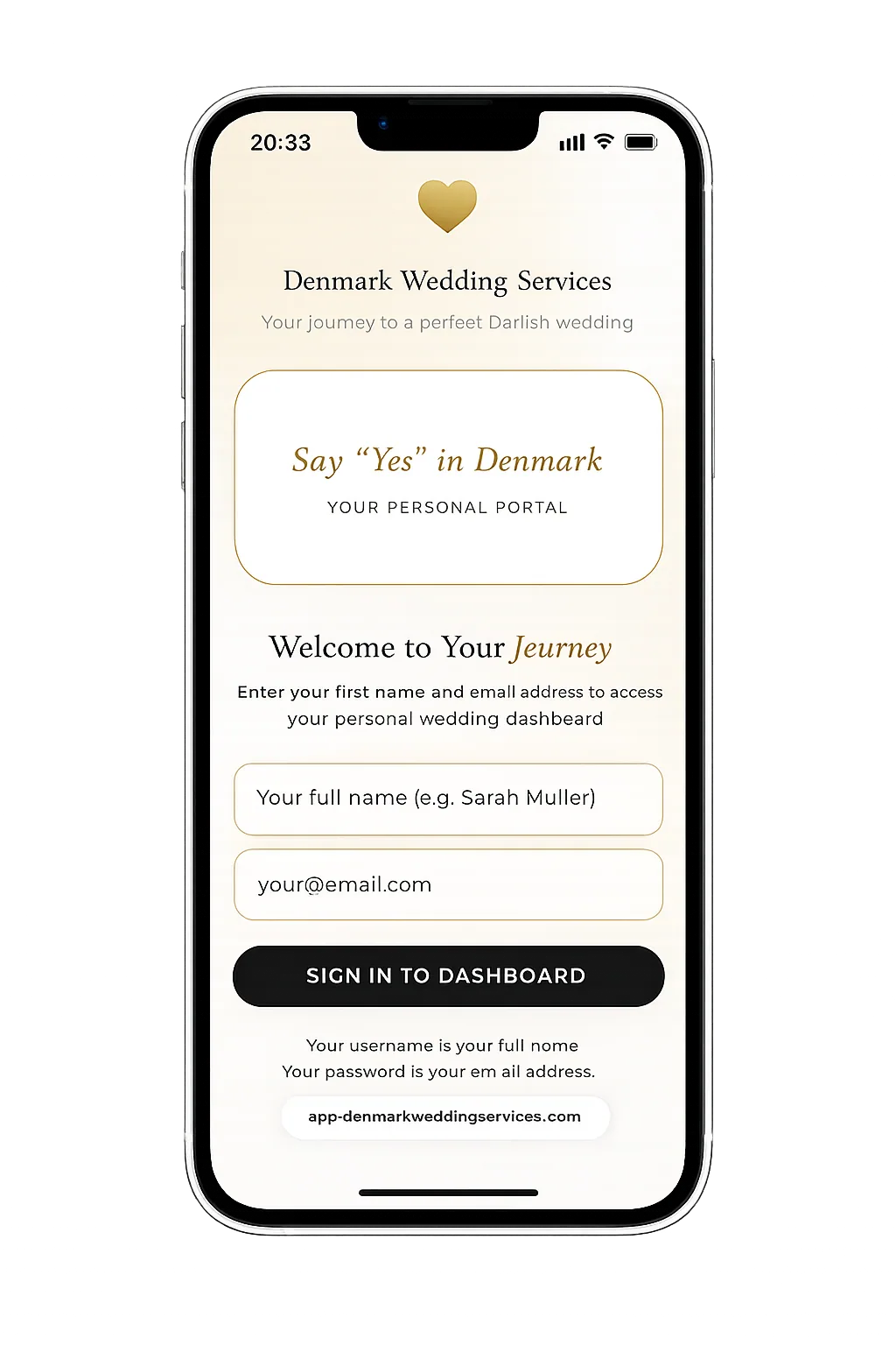 Secure Login β Denmark Wedding Services app screen