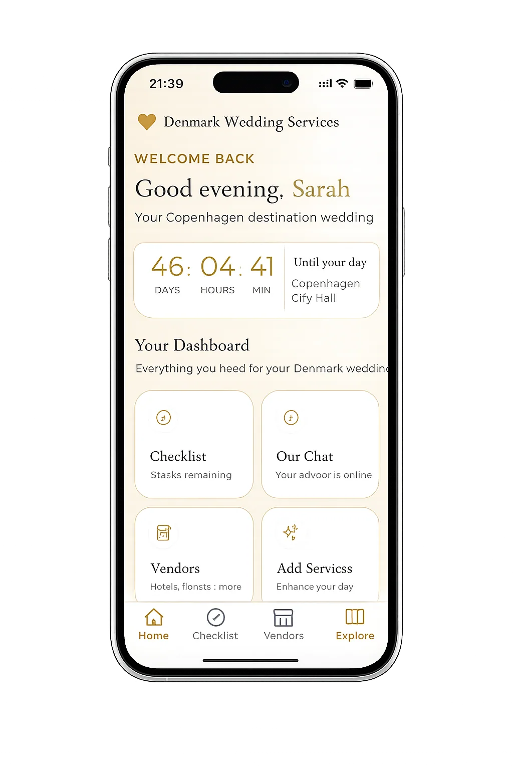 Your Dashboard β Denmark Wedding Services app screen