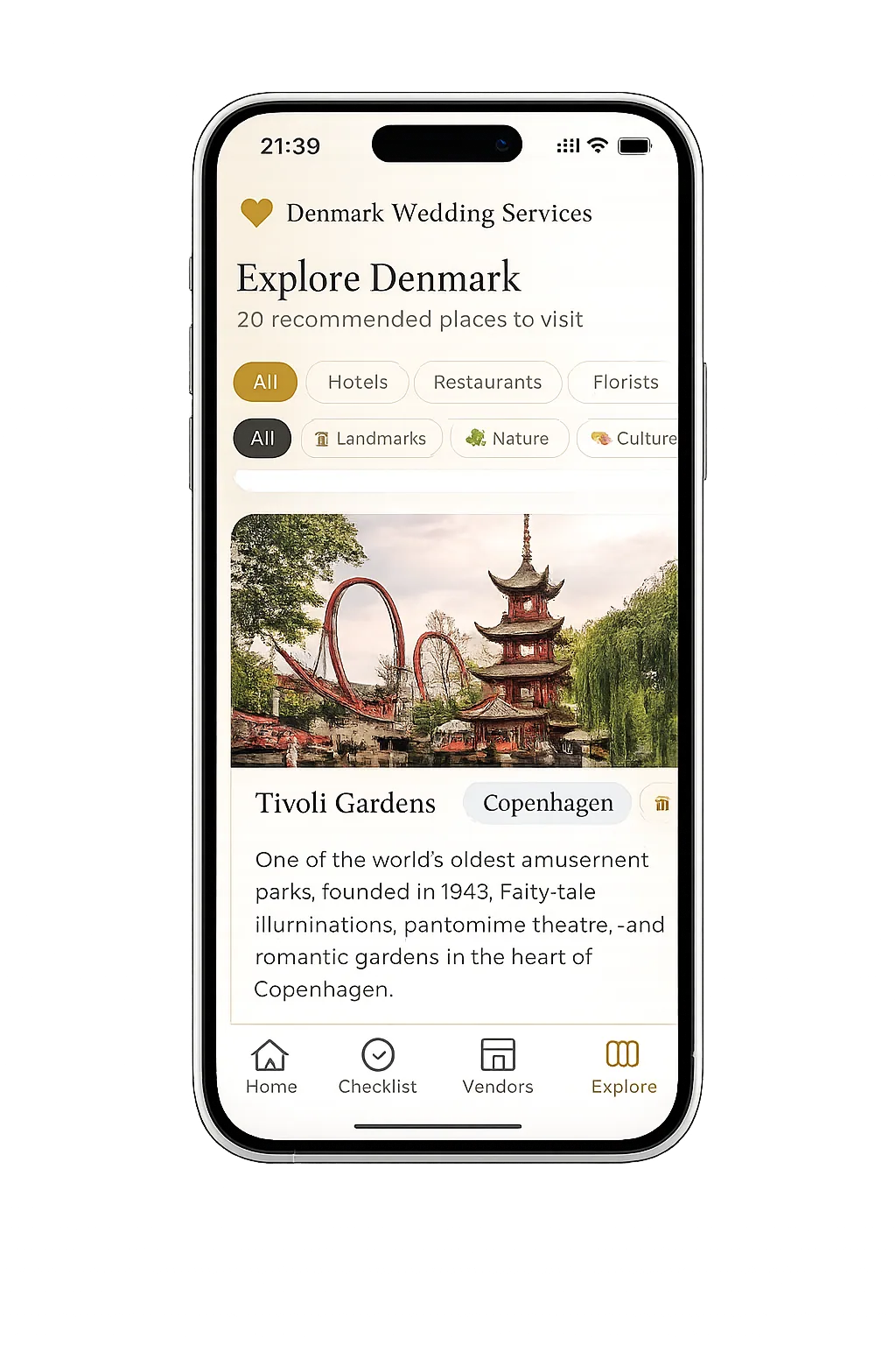 Explore Denmark β Denmark Wedding Services app screen