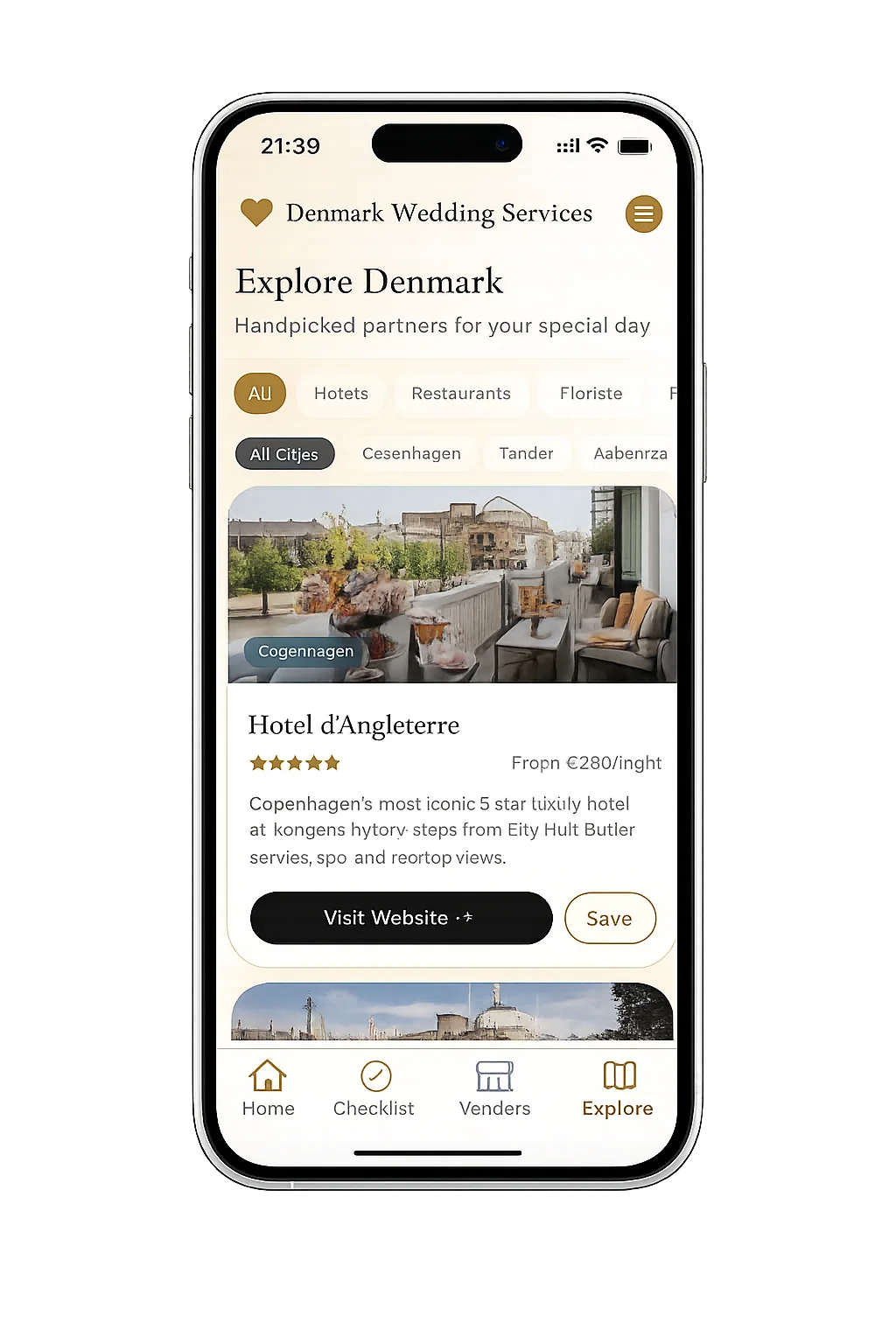Trusted Vendors β Denmark Wedding Services app screen