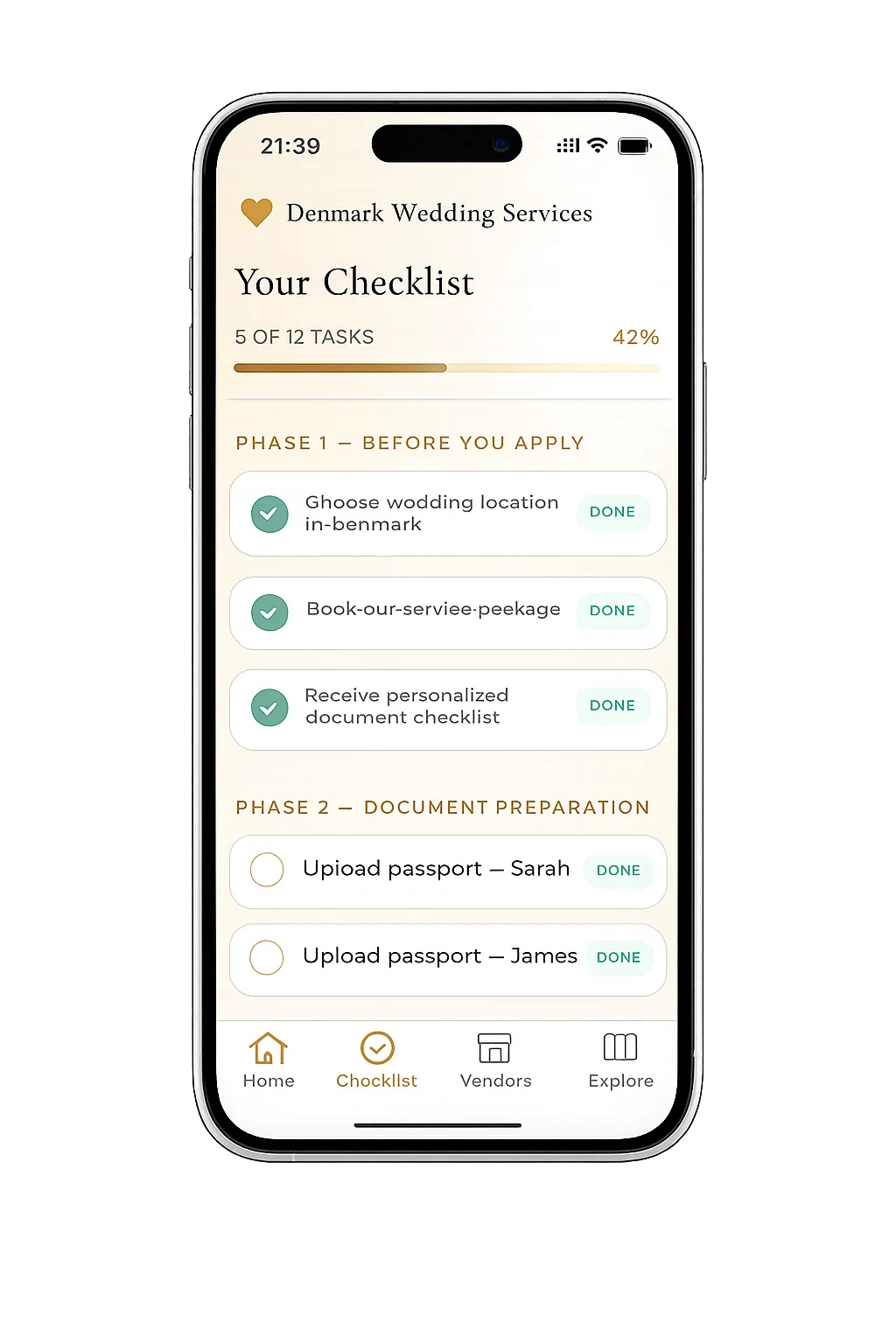 Personal Checklist β Denmark Wedding Services app screen