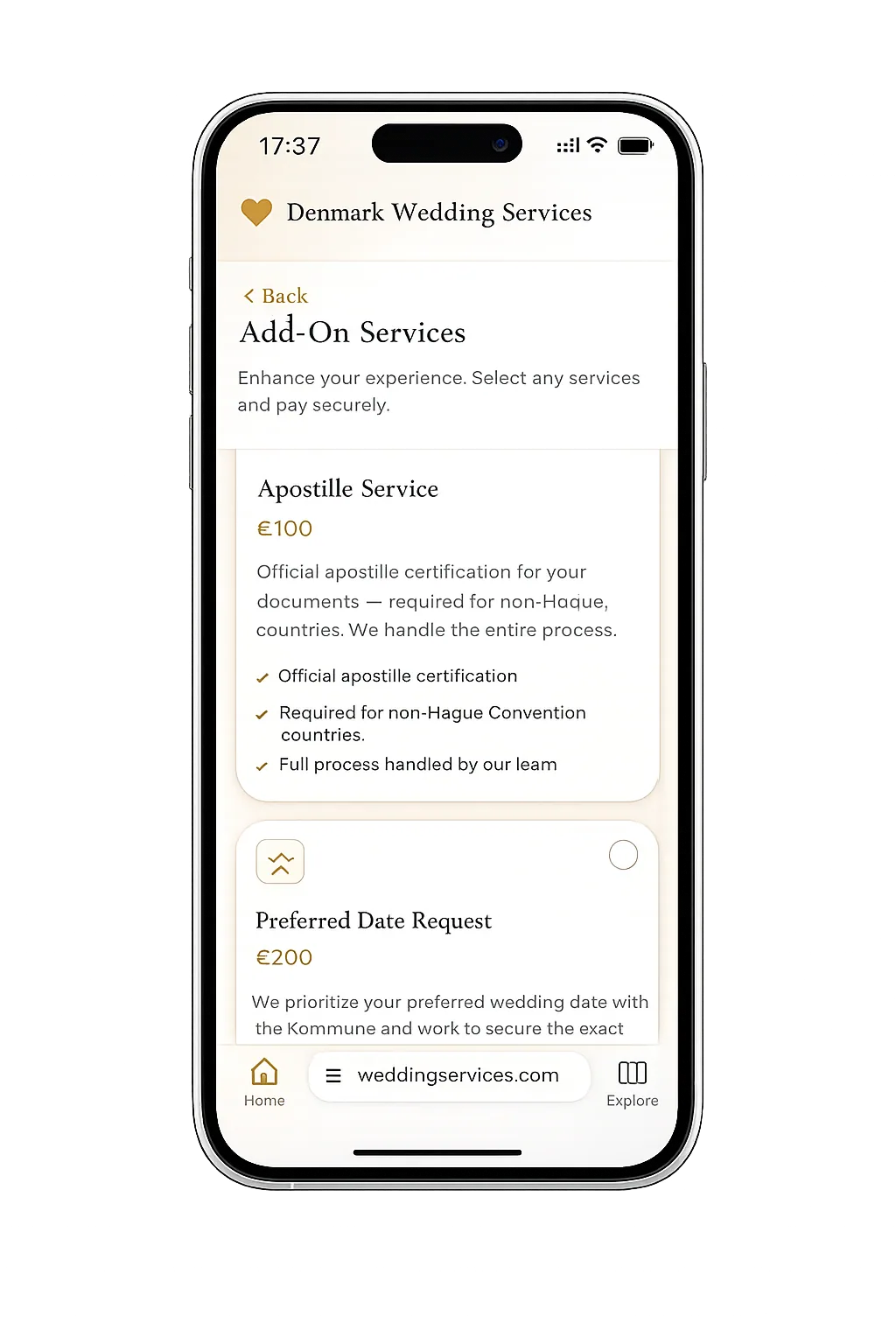 Add Services β Denmark Wedding Services app screen